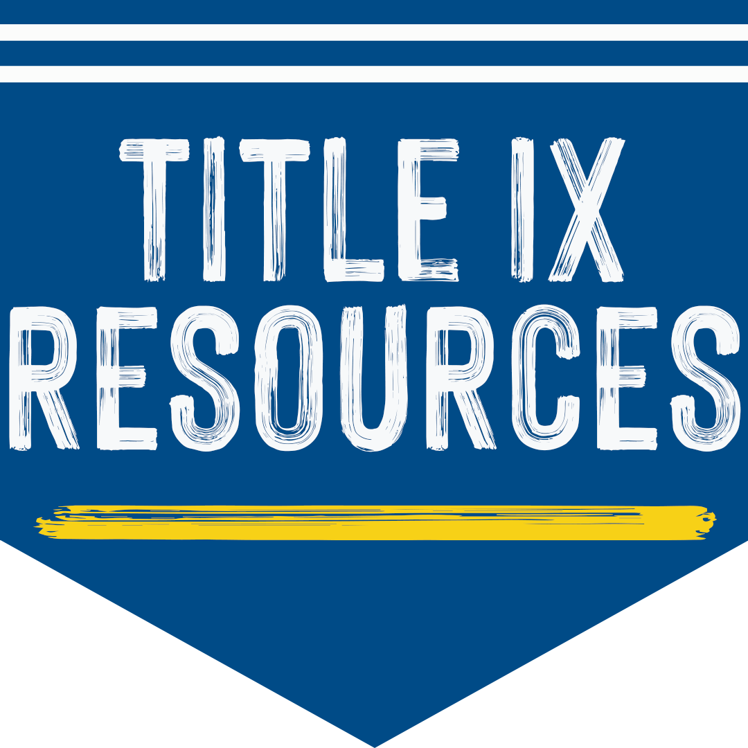 Blue irregular pentagon shape with the words "Title IX Resources" written in white text