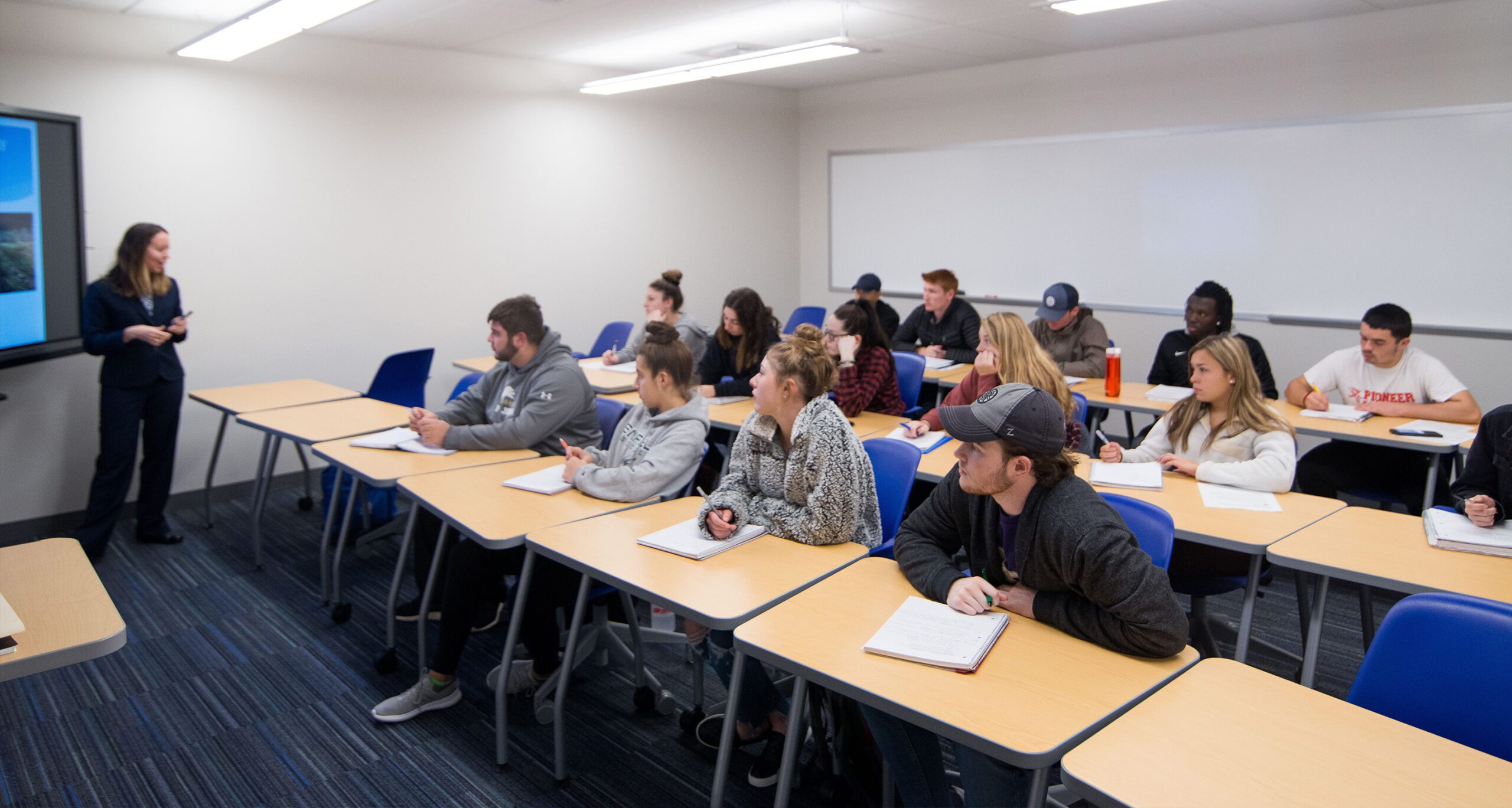 Classroom with students and professors at Assumption University in Worcester, Massachusetts.