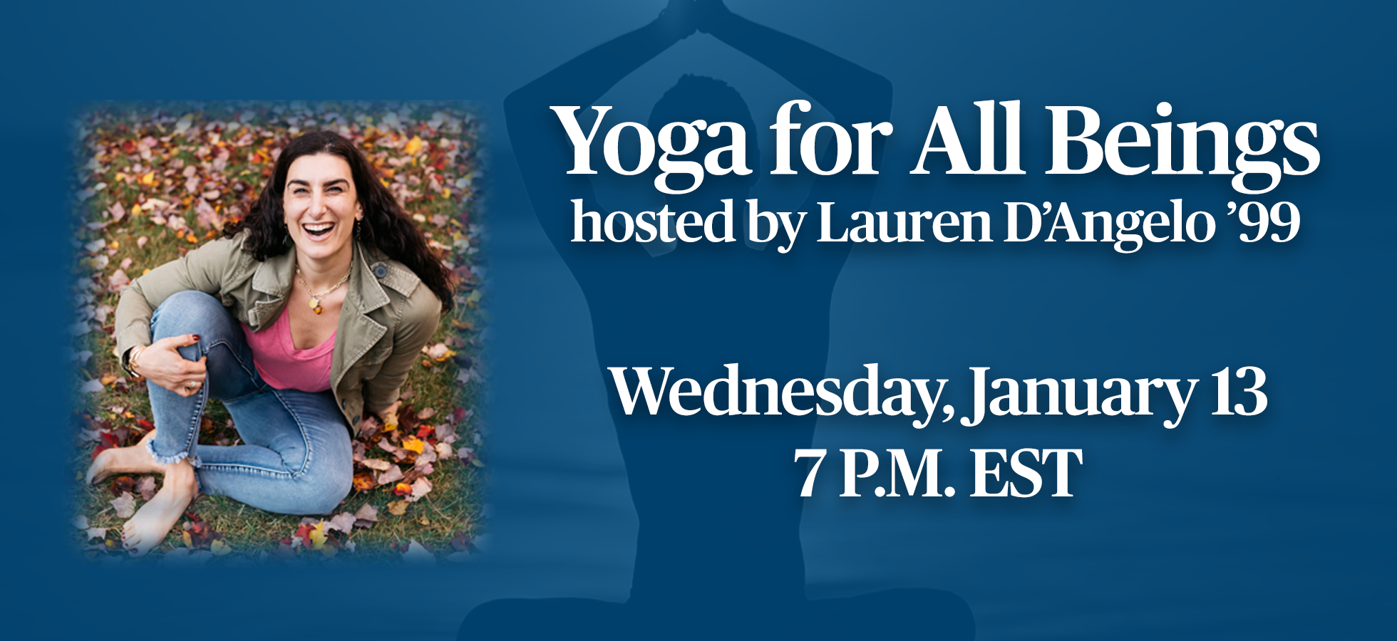 A graphic featuring an Assumption University graduate to promote Yoga for All Beings on Wednesday, January 13.