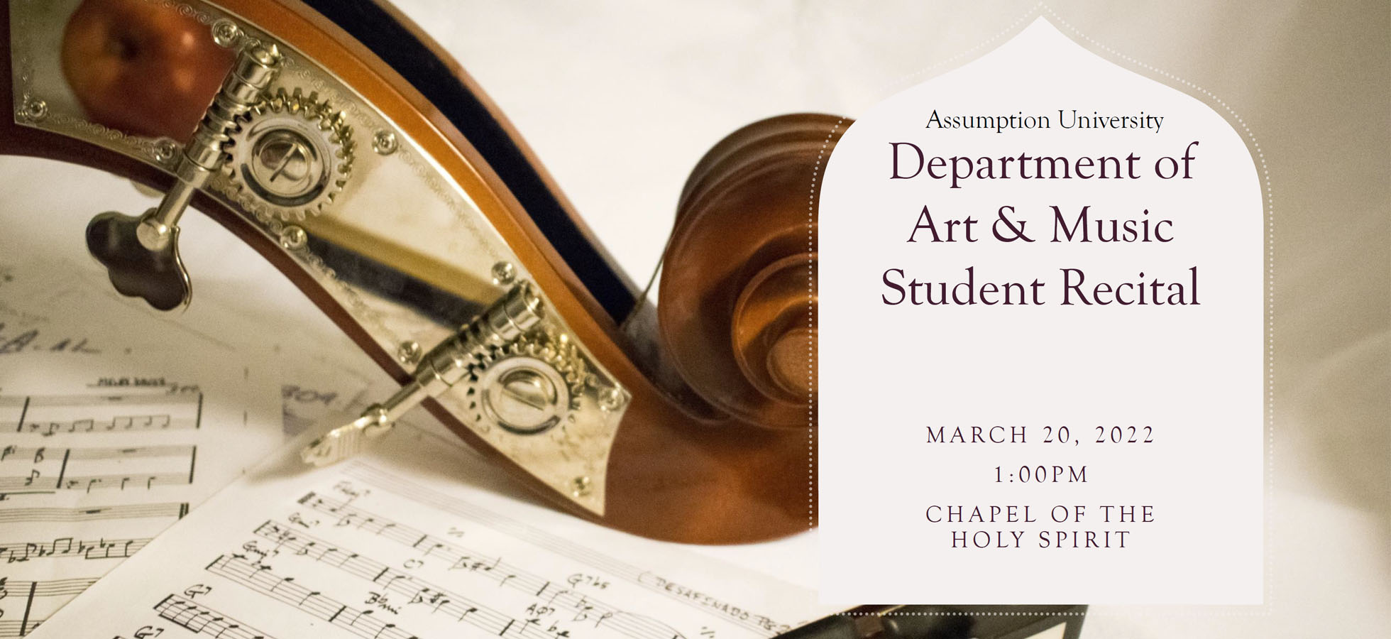 Graphic to promote the Sunday, March 20 Assumption student recital in the Chapel of the Holy Spirit.